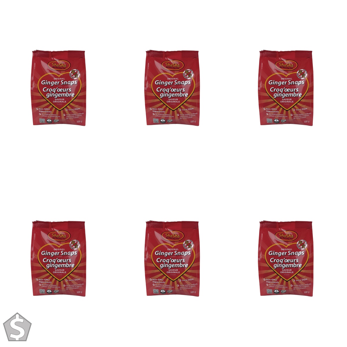 Shasha Co Original Ginger Snap Cookie Bags, 300 grams 300 g (Pack of 6)