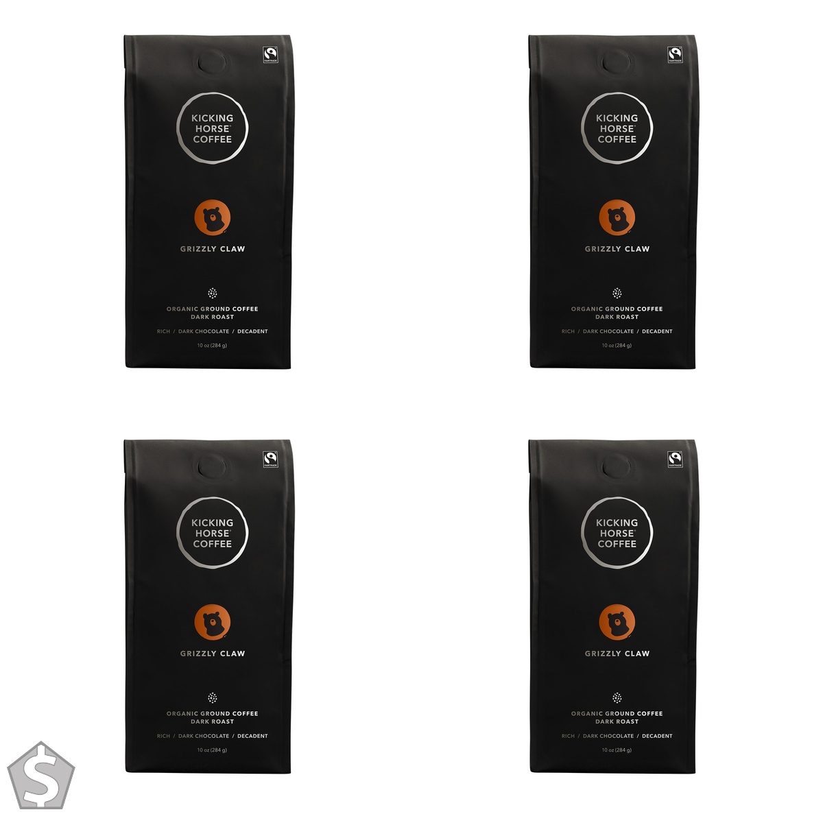 Kicking Horse Coffee - Grizzly Claw Blend, Ground 100% Arabica Coffee Dark Roast All Organic & Fairtrade 284 g (Pack of 4)