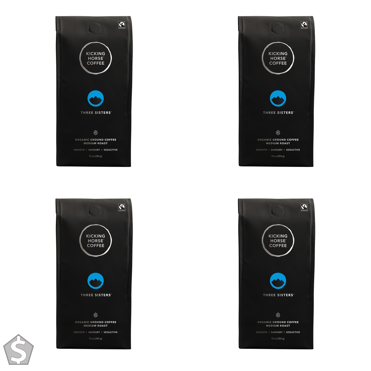 Kicking Horse Coffee - Three Sisters Blend ;Ground 100% Arabica Coffee ; Medium Roast ; All Organic & Fairtrade ; 284 g (Pack of 4)