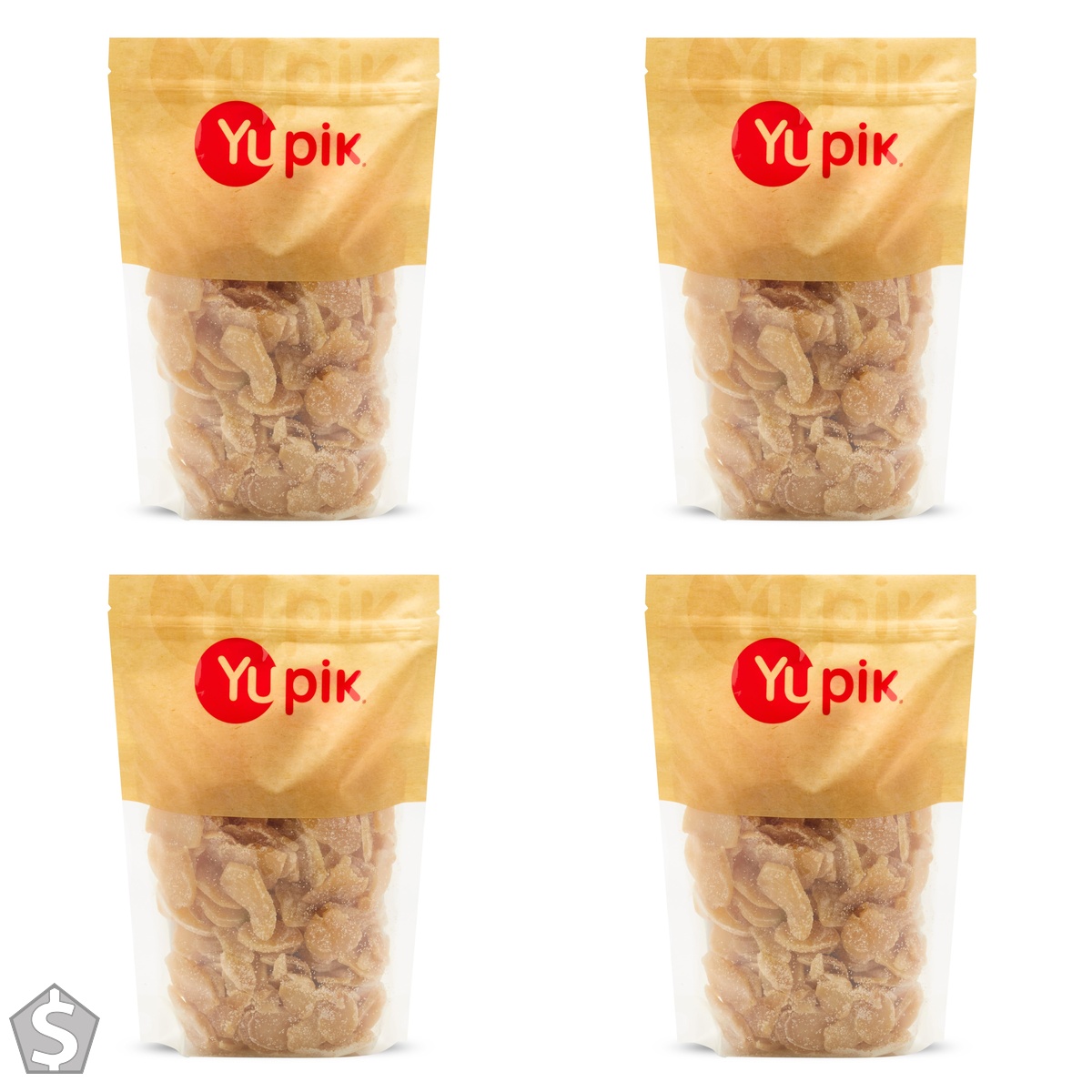 Yupik Crystallized Ginger Slices, 1 kg, Kosher, GMO-Free, Chewy Ginger Root, Sugar Coated Strips, Candied Ginger, Sweet Snacks, Aromatic (Pack of 4)