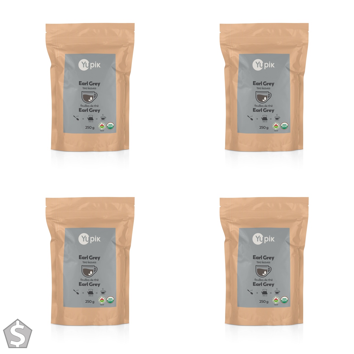 Yupik Earl Grey Whole Leaf Black Tea, 250g, Loose Tea Leaves with Bergamot, Kosher, Gluten-Free, No Additives, Rich Flavor, Caffeinated (Pack of 4)