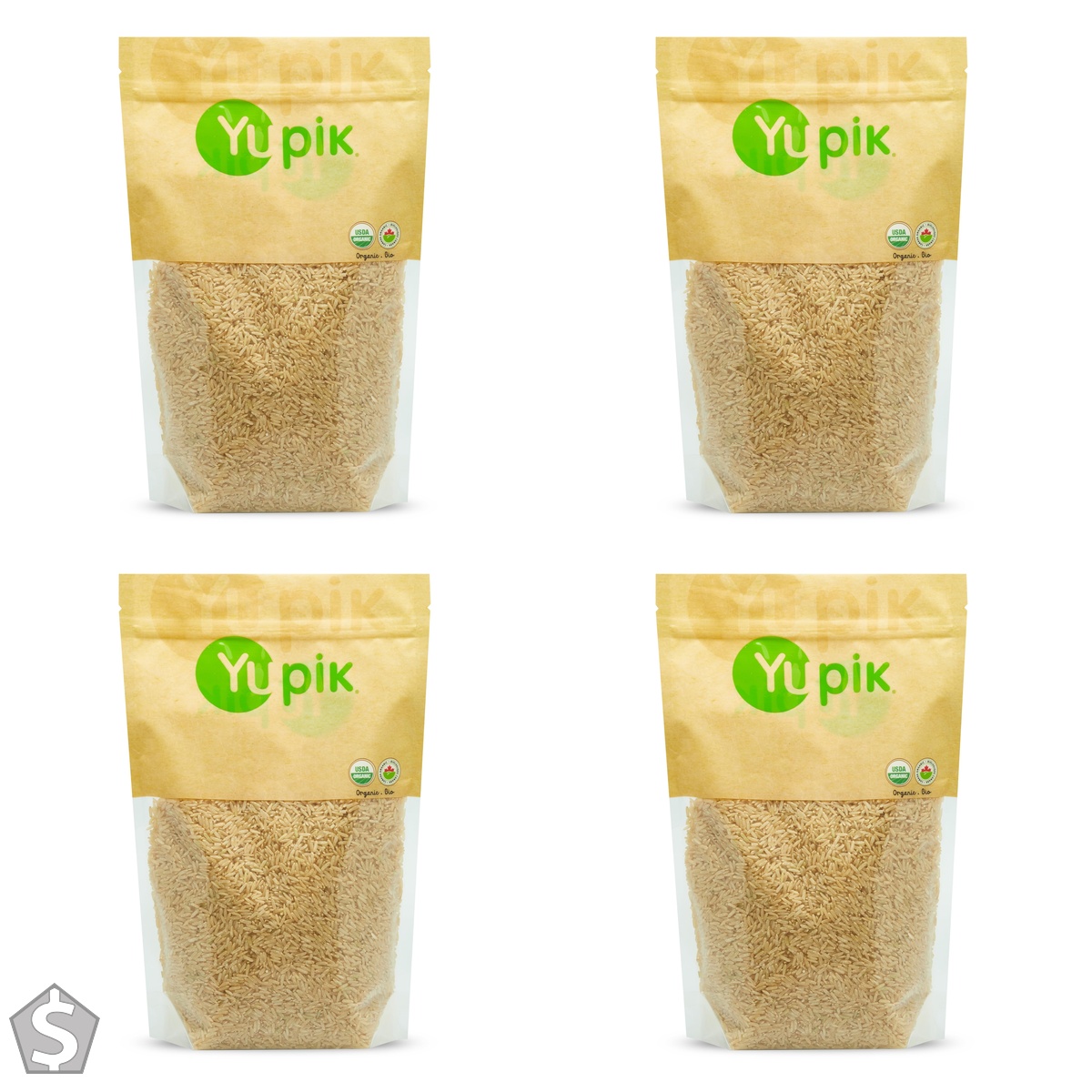 Yupik Organic Brown Jasmine Rice, Long Grains, 1 kg, Gluten-Free, Non-GMO, Vegan, Kosher, Whole Grains, Wheat-Free, Salt-Free, Source of (Pack of 4)