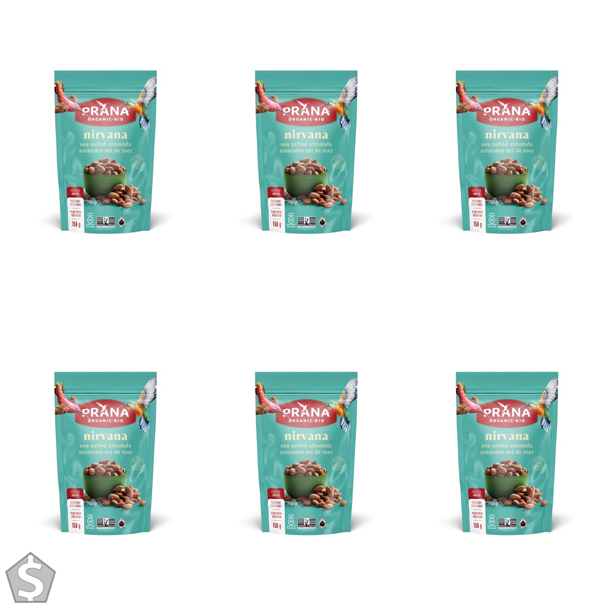 Prana Organic Nirvana Sea Salted Almonds | Oil-Free | Source of Vitamin E, Fibre | KETO | Non-GMO, Gluten Free, Salty Vegan Snack | (Pack of 6)