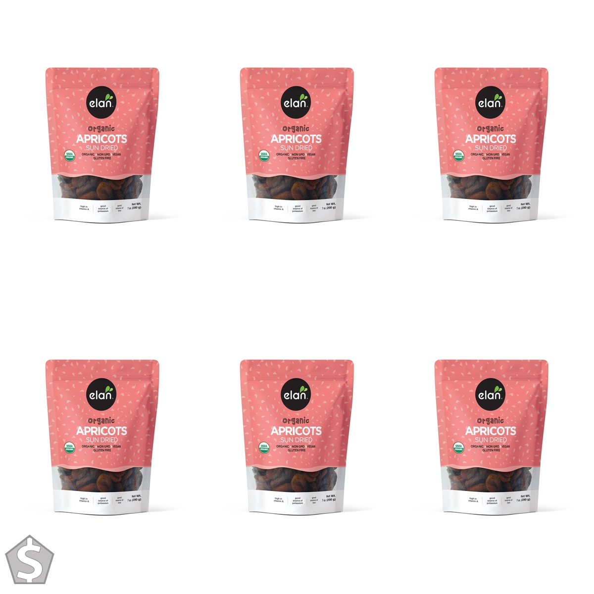 ELAN Organic Sun-Dried Apricots, Dried Fruit, Non-GMO, Vegan, Gluten-Free, Kosher, 200g (Pack of 6)