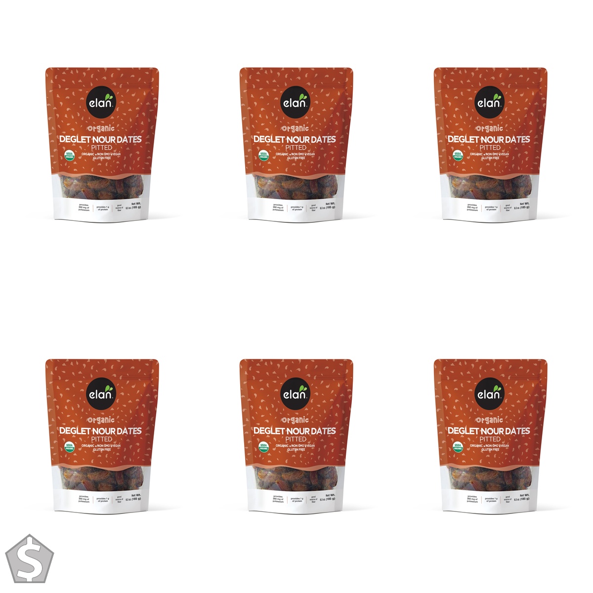 Elan Organic Pitted Dates, 185g, Naturally Sweet Dried Fruits, No Pits, No Sugar Added, No Sulphites, Non-GMO, Vegan, Gluten-Free (Pack of 6)