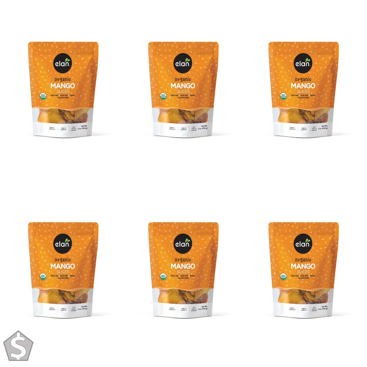 Elan Organic Dried Mango Slices, 125g, Sulphite-free, No Sugar Added, Non-GMO, Vegan, Gluten-Free, Kosher, Healthy Dried Fruit Snacks 125 (Pack of 6)