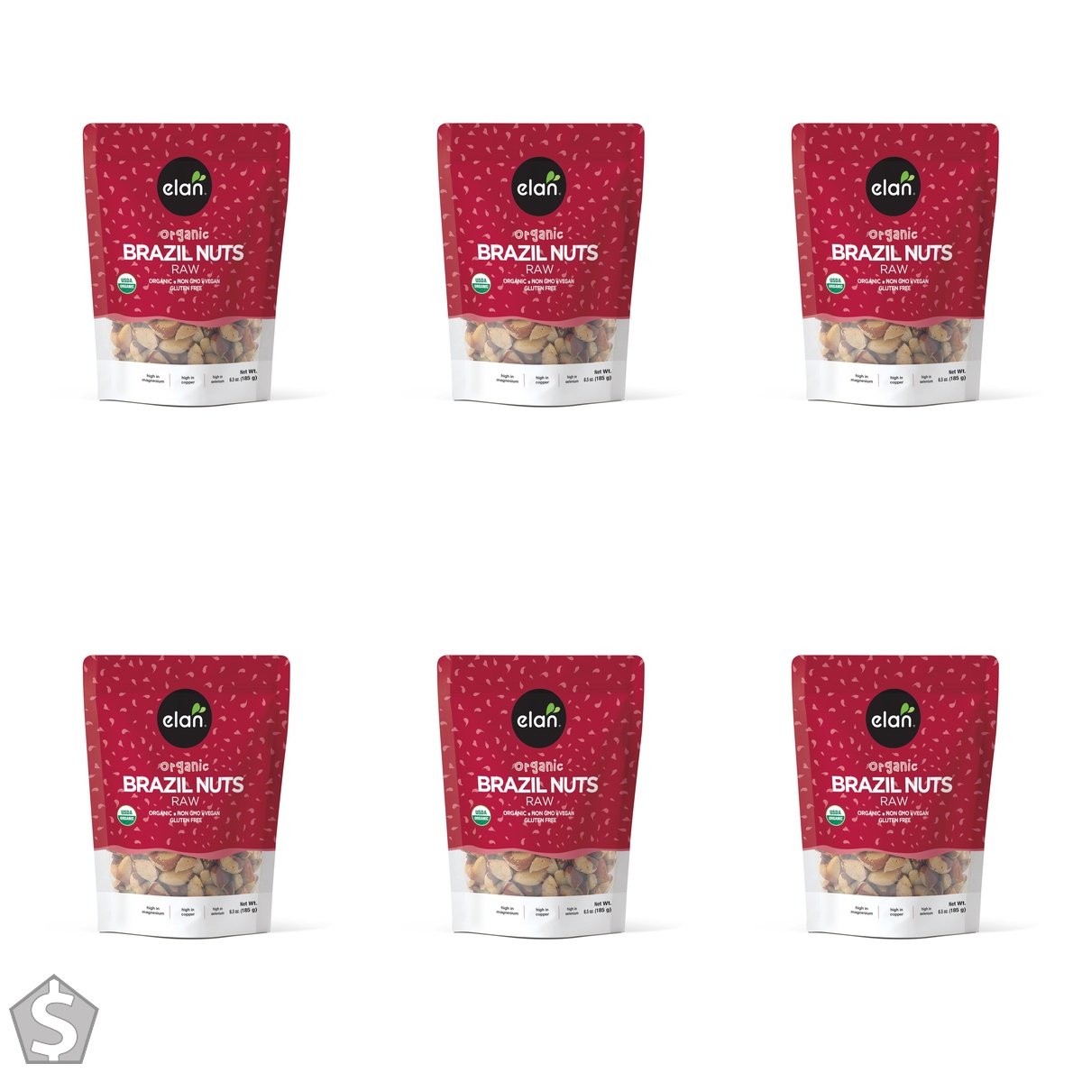 Elan Organic Raw Brazil Nuts, 185g, Whole Nuts, No Shell, Non-GMO, Vegan, Gluten-Free, Kosher, Healthy Snacks, (Package May Vary) M (Pack of 6)