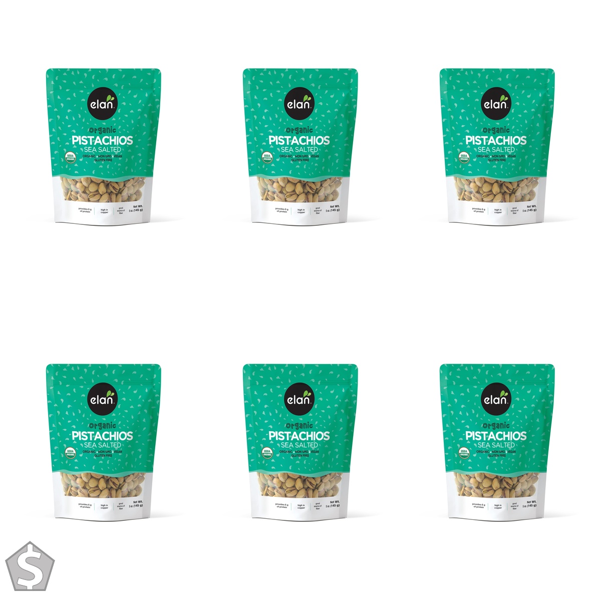 ELAN Organic Sea Salted Pistachios Non-GMO, Vegan, Gluten-Free, Kosher, 145g 145.0 g (Pack of 6)
