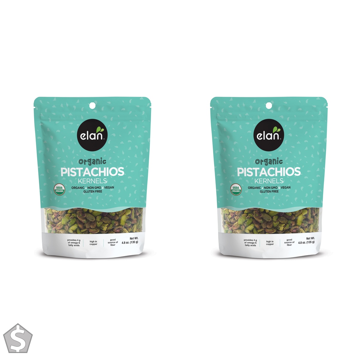 Elan Organic Raw Pistachios, 135g, Unsalted Kernels, No Shell,Pistachio Nuts, Non-GMO, Vegan, Gluten-Free, Kosher, Healthy Snacks 135 g (Pack of 2)