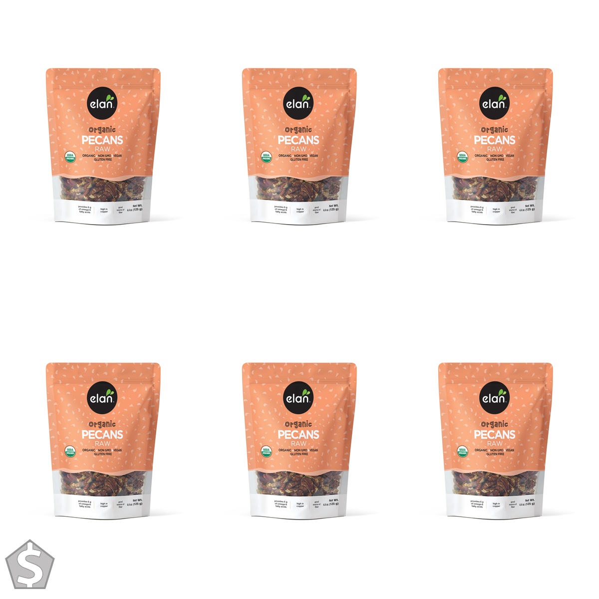 Elan Organic Raw Pecans, 125g, Unsalted, Unroasted, Shelled Raw Nuts, Non-GMO, Vegan, Gluten-Free, Kosher, Healthy Snacks 125 g (Pack of 6)