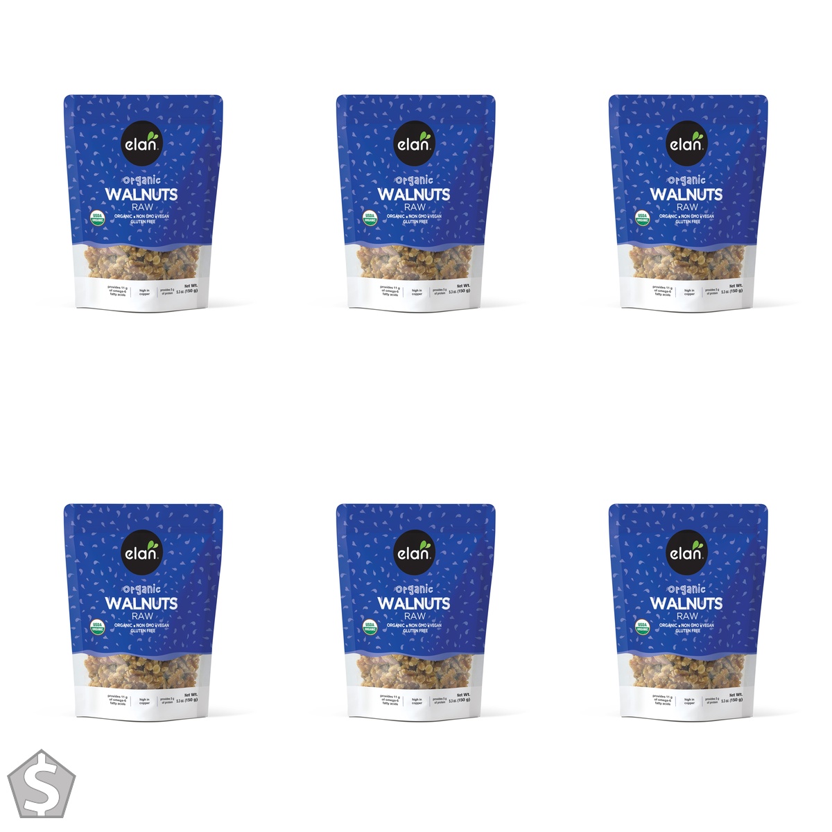 ELAN Organic Walnuts, Non-GMO, Vegan, Gluten-Free, Kosher, 150g 150 g (1 Count) (Pack of 6)