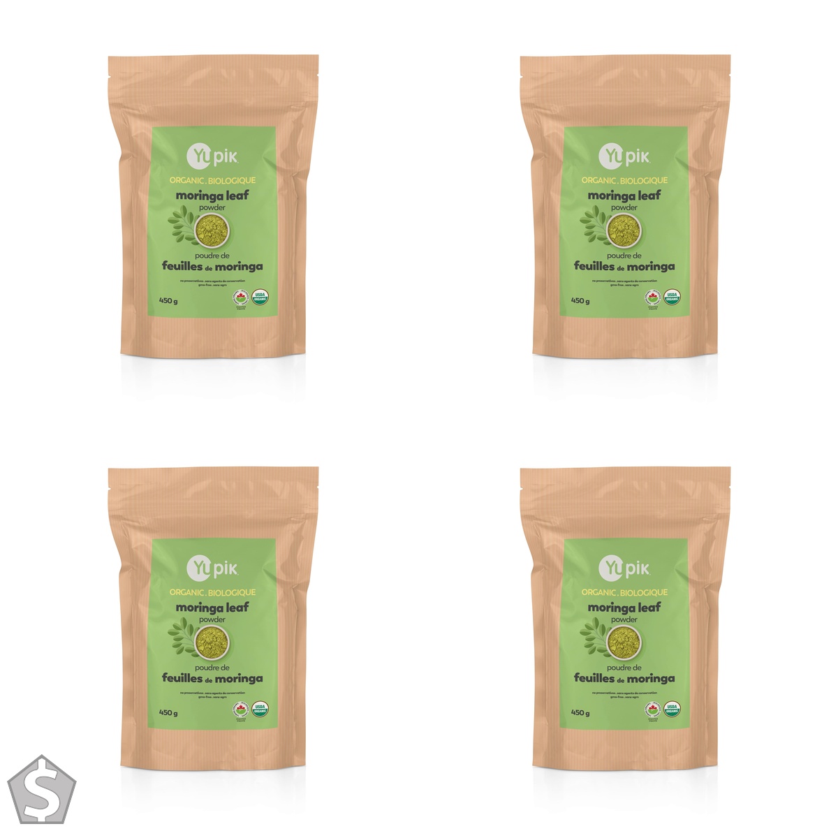 Yupik Organic Moringa Leaf Powder 450g, USDA Certified, Non-GMO, Vegan, Gluten-Free, Kosher, Nutrient-Rich Superfood for Baking, Cooking (Pack of 4)