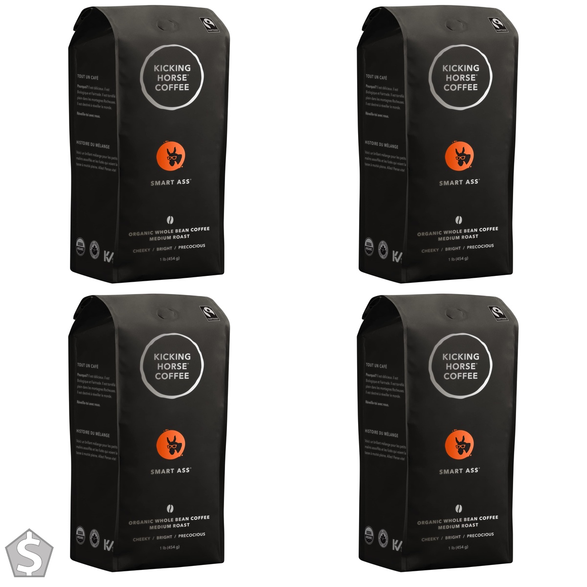 Kicking Horse Coffee, Smart Ass, Medium Roast, Whole Bean, 1 lb - Certified Organic, Fairtrade, Kosher Coffee 454 g (Pack of 4)