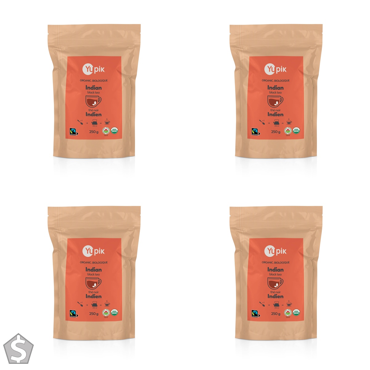 Yupik Organic Indian Loose Black Tea, 250 g, Fairtrade, Non-GMO, Vegan, Gluten-Free, USDA Certified, Loose Leaves for Steeping, Aromatic (Pack of 4)