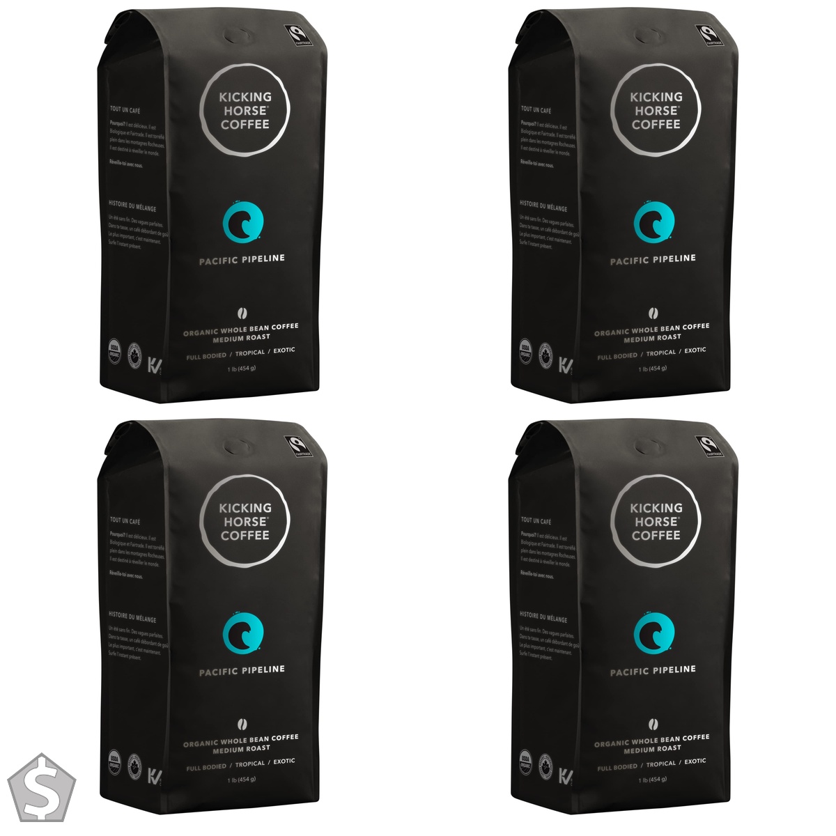 Kicking Horse Coffee, Pacific Pipeline, Medium Roast, Whole Bean, 1 lb - Certified Organic, Fairtrade, Kosher Coffee 454 g (Pack of 4)