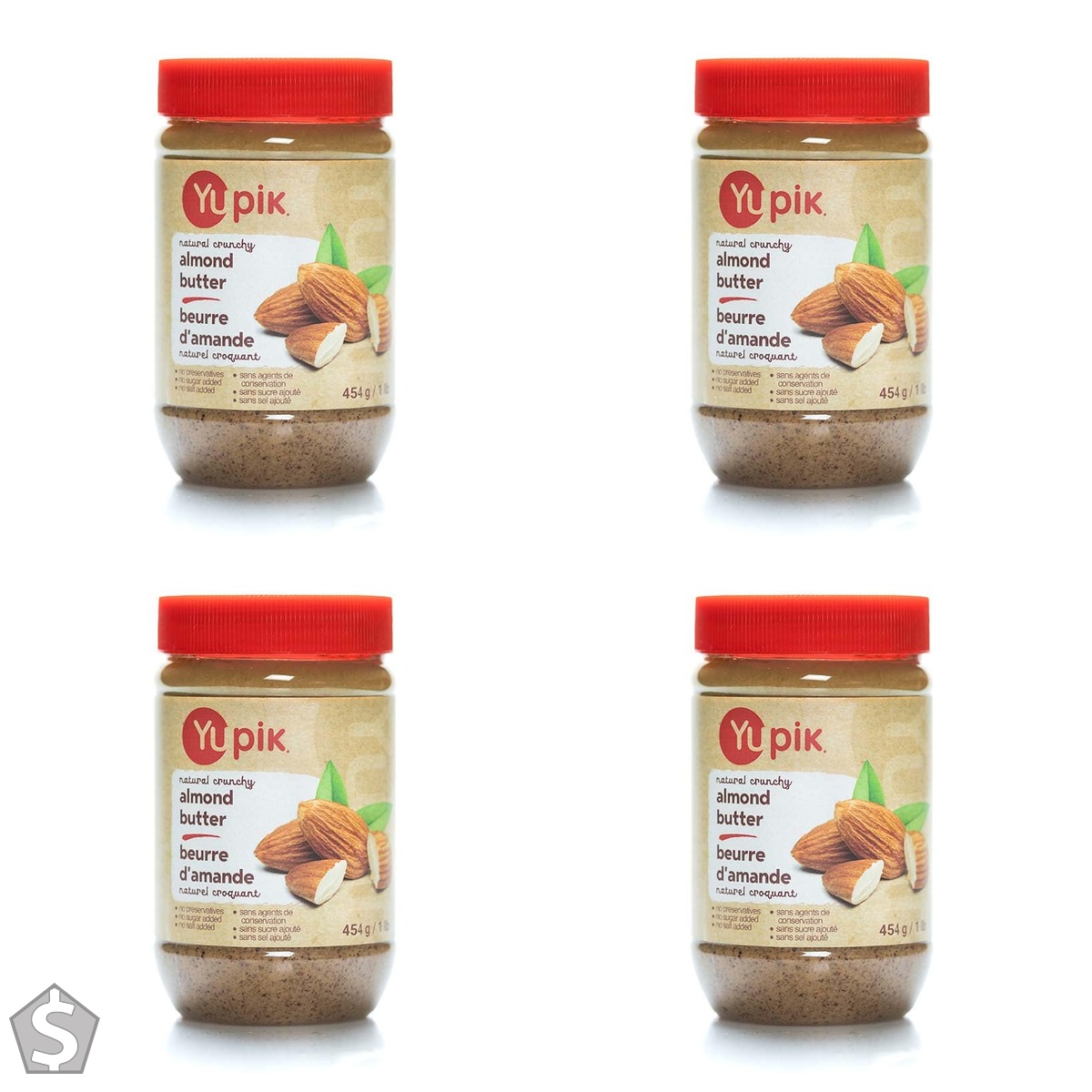 Yupik Natural Crunchy Almond Butter, 454 g, Kosher, Gluten-Free, GMO-Free, Creamy Nut Butter, Only Almonds, No Added Sugar, No Additives (Pack of 4)