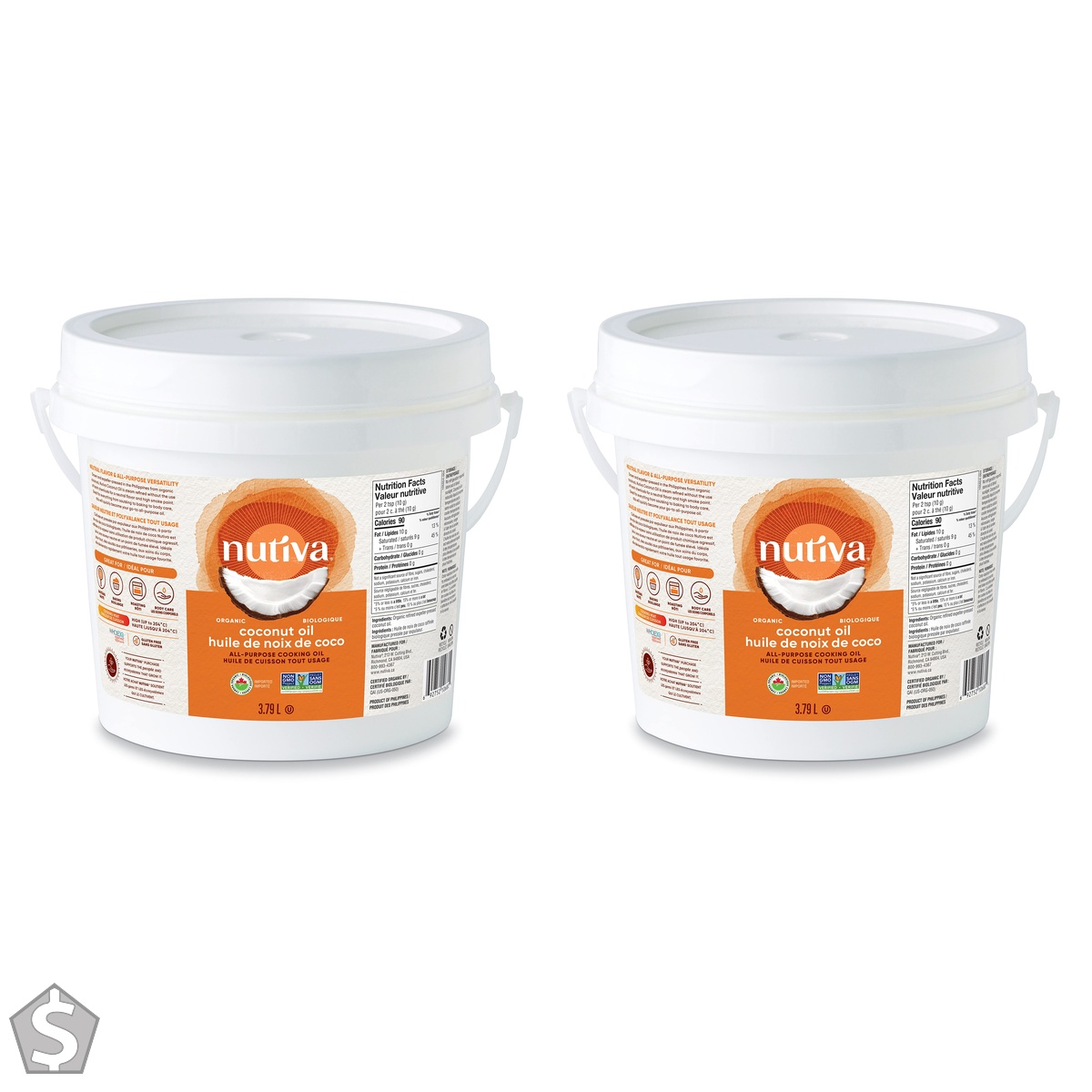 Nutiva Organic Steam-Refined Coconut Oil, 3.79 L, Non-GMO, Fair Trade, Vegan, Keto & Paleo, Neutral Flavor and Aroma for Cooking & (Pack of 2)