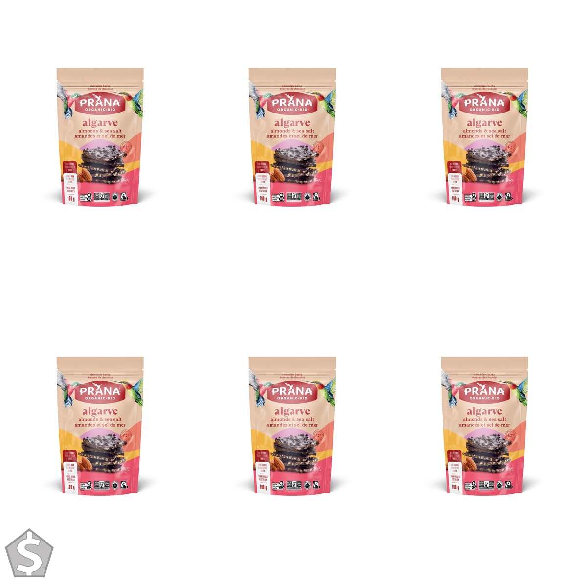 Prana Algarve Organic 62% Dark Chocolate Bark with Almonds & Sea Salt | Non-GMO, Gluten Free, Fairtrade Certified, Vegan | 100g (Pack of 6)