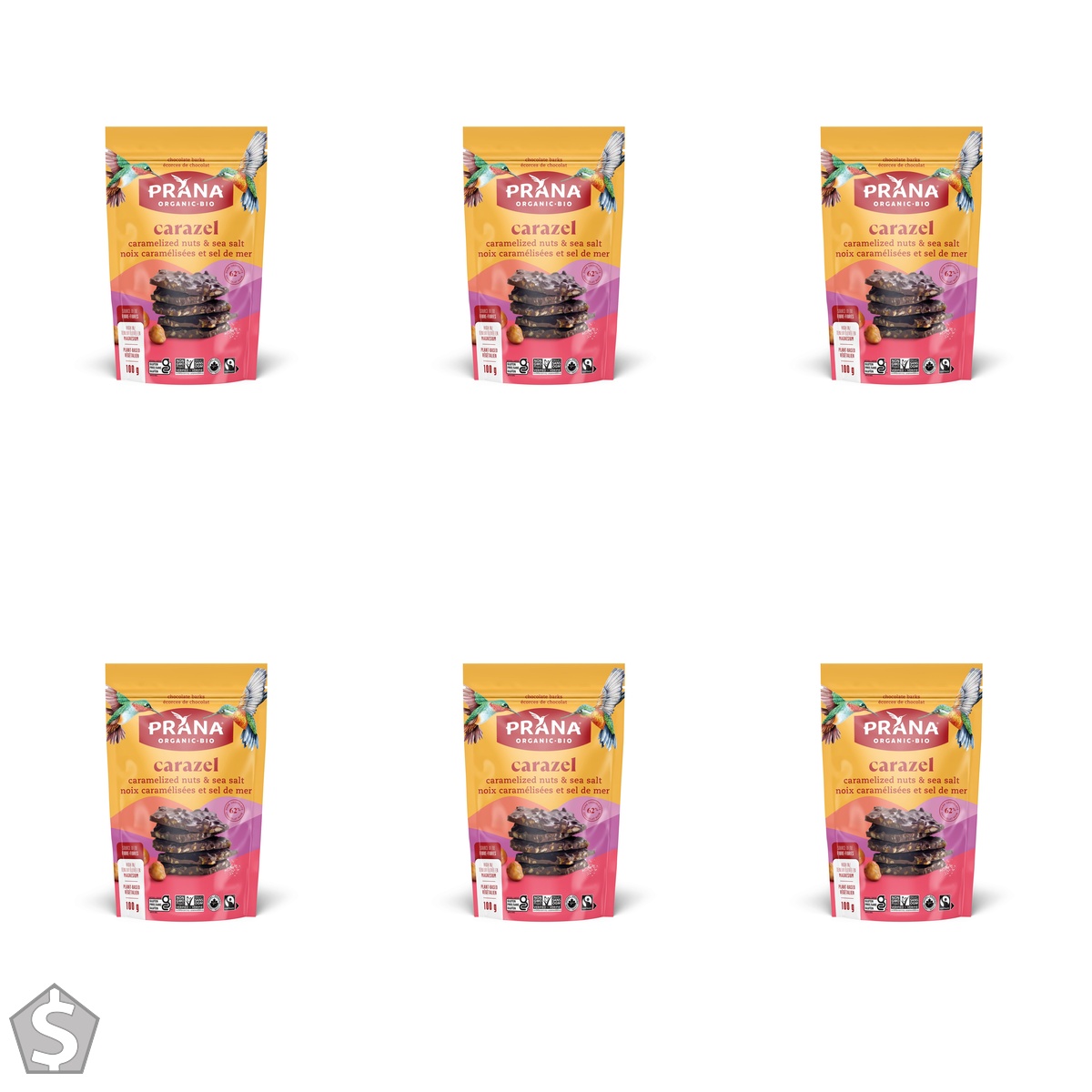 Prana Carazel Organic 62% Dark Chocolate Bark with Caramelized Nuts & Sea Salt | Non-GMO, Gluten Free, Fair Trade Certified | 100g (Pack of 6)