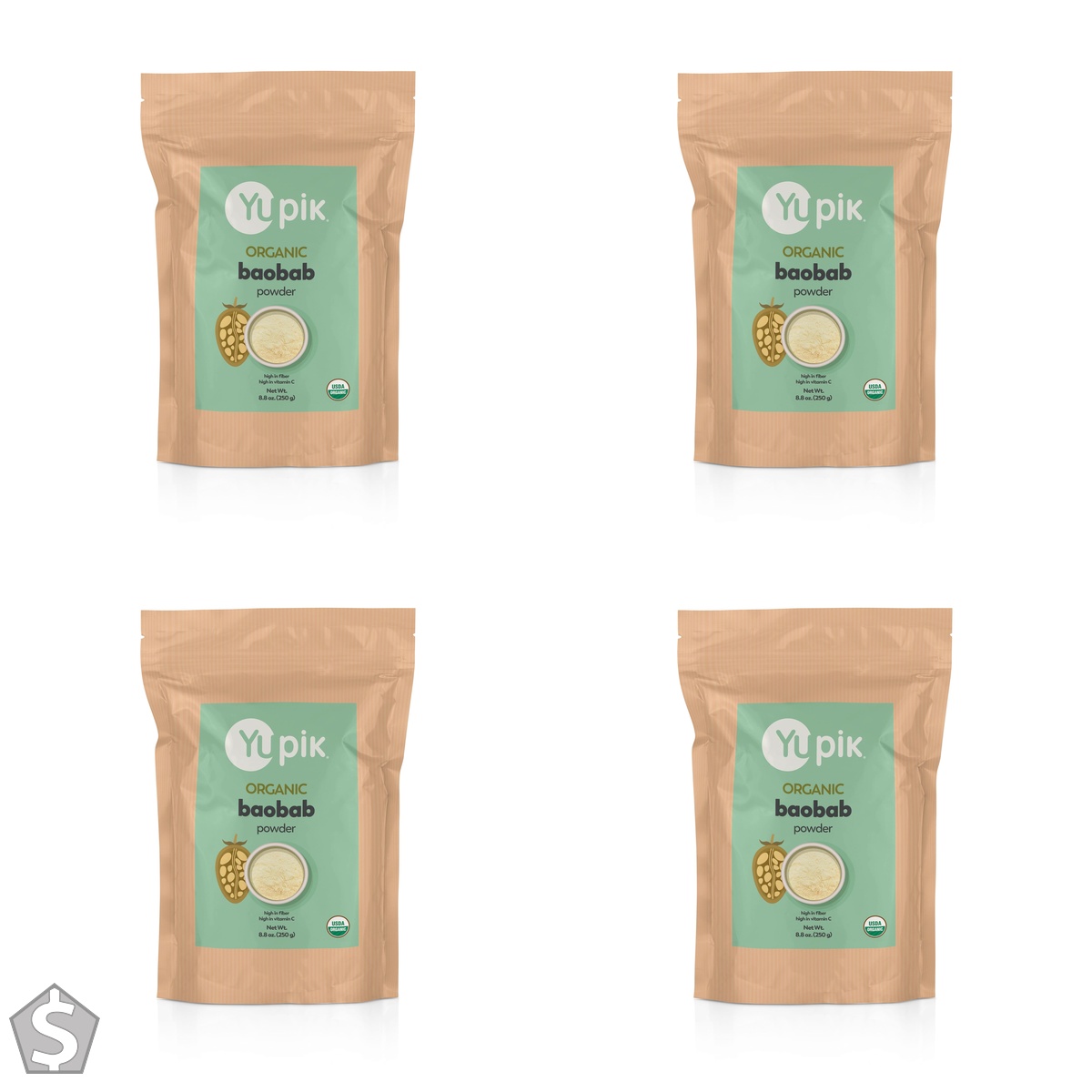 Yupik Organic Baobab Powder 250g, USDA Certified, Non-GMO, Vegan, Gluten-Free, Kosher, High in Fiber, Potassium & Vitamin C, Tart (Pack of 4)