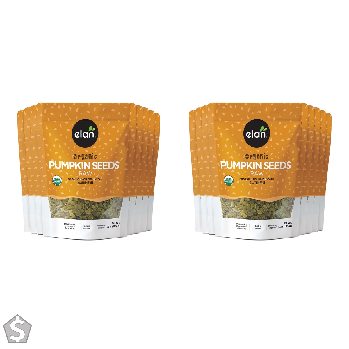 ELAN Organic Pumpkin Seeds (GMO & Gluten Free), 8 Count, 185g (185 g each) (Pack of 2)