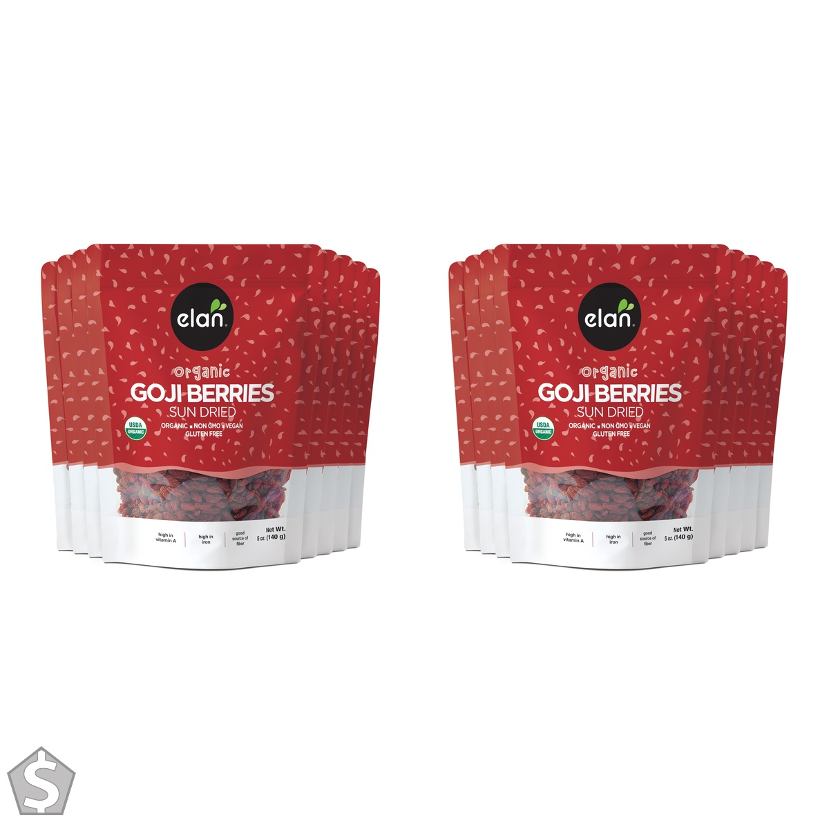 Elan Organic Dried Goji Berries, Sulphite-free, Non-GMO, Vegan, Gluten-Free, Kosher, Wolfberries, Healthy Snacks, Dried Fruit Snacks (Pack of 2)