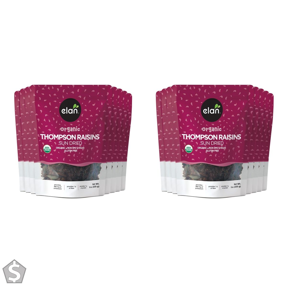 ELAN Organic Sun-Dried Thompson Raisins, Non-GMO, Vegan, Gluten-Free, Kosher, 8 Count, 225g 225 g, 8 Count (Pack of 2)