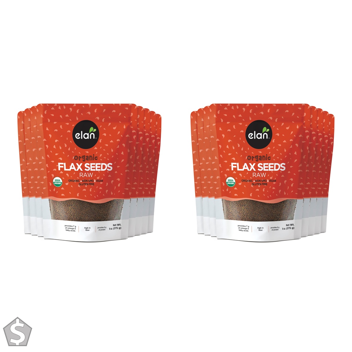 ELAN Organic Flax Seeds, Non-GMO, Vegan, Gluten-Free, 8 Count, 275g 275 g, 8 Count (Pack of 2)