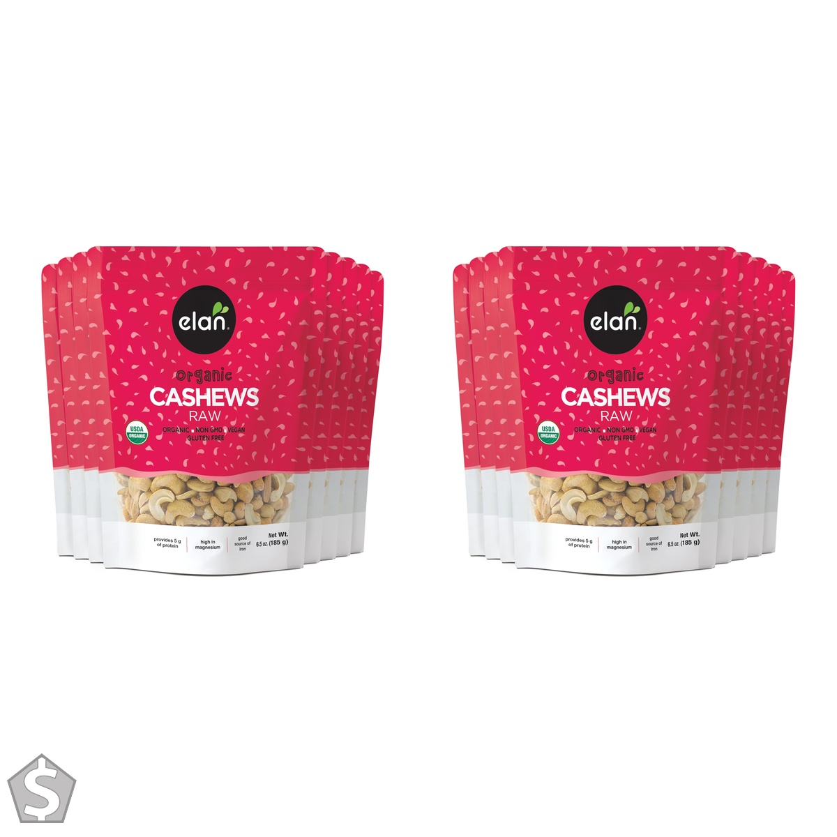 ELAN Organic Raw Cashews, Non-GMO, Vegan, Gluten-Free, Kosher, 8 Count, 185g 185g, 8 Count (Pack of 2)