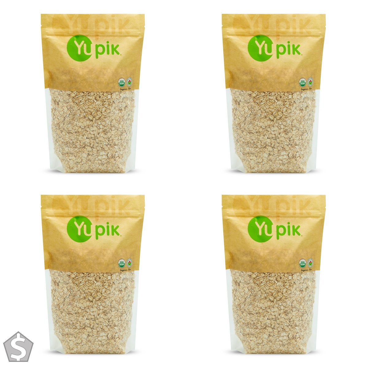 Yupik Organic Regular Rolled Oats, Gluten-Free, 1 kg, Non-GMO, Vegan, Kosher, Steamed, Rolled, and Lightly Toasted Whole Oat Groats (Pack of 4)