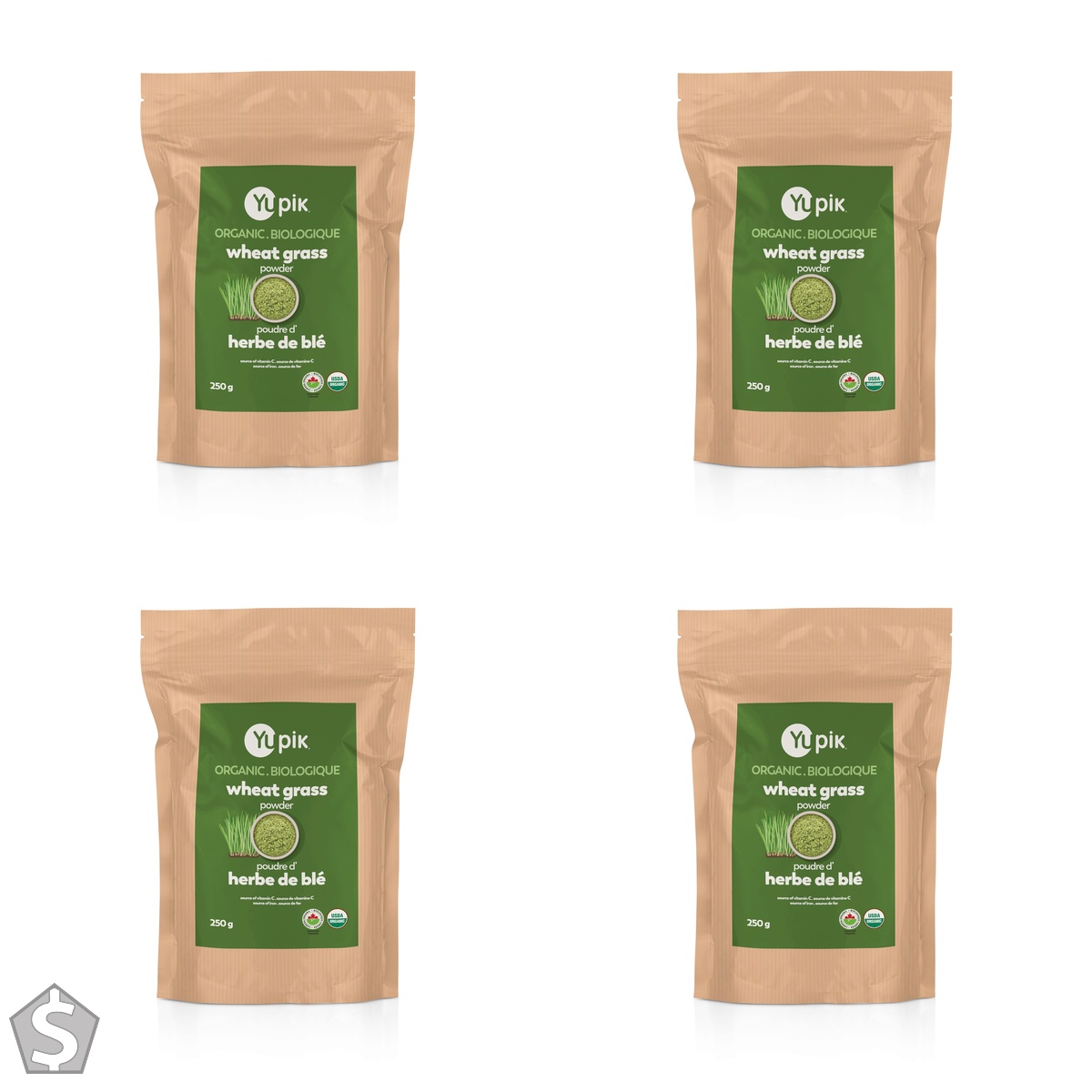 Yupik Organic Wheat Grass Powder 250g, USDA Certified, Non-GMO, Vegan, Gluten-Free, Kosher, High in Vitamin C & Iron, Nutrient-Rich (Pack of 4)