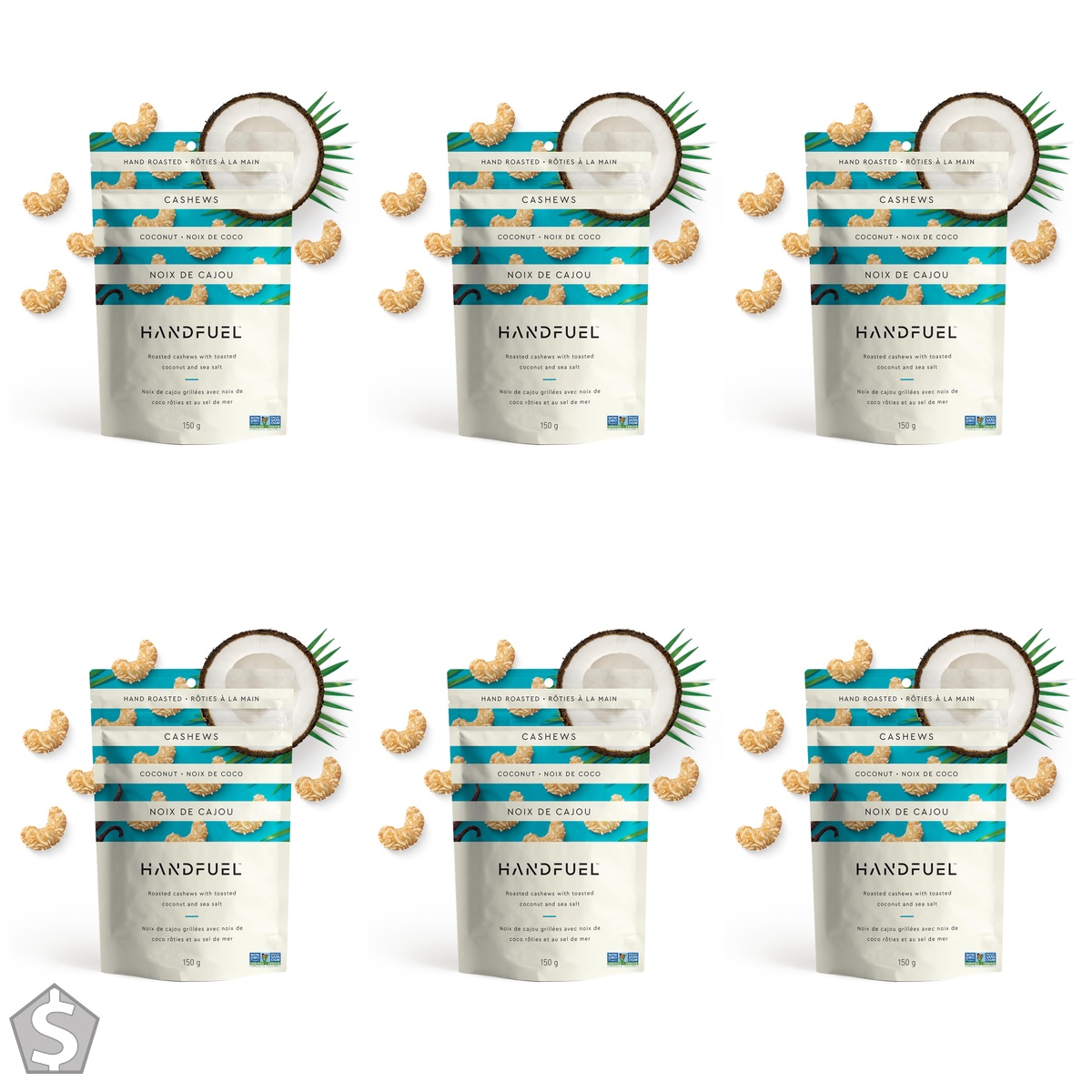 Handfuel Coconut Cashews, Hand Roasted Salted Cashews, 4g of Protein, Proudly Canadian Made Plant Based Flavoured Nuts, Gluten Free - 150 (Pack of 6)