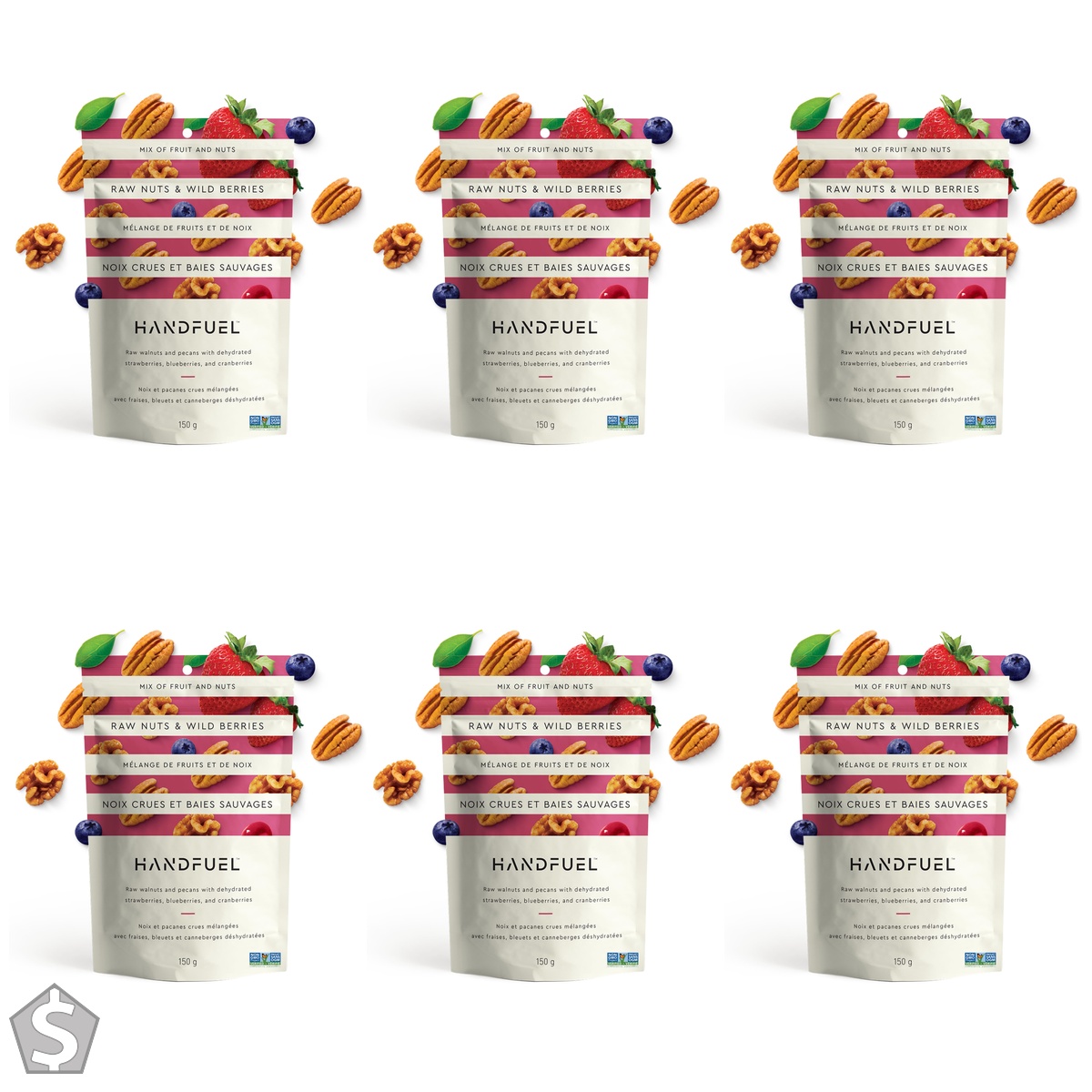 Handfuel Raw Nuts and Wild Berries Mixed Nuts, Candied Pecans, Raw Walnuts and Dried Fruit, 3g of Protein, Proudly Canadian Made Plant (Pack of 6)