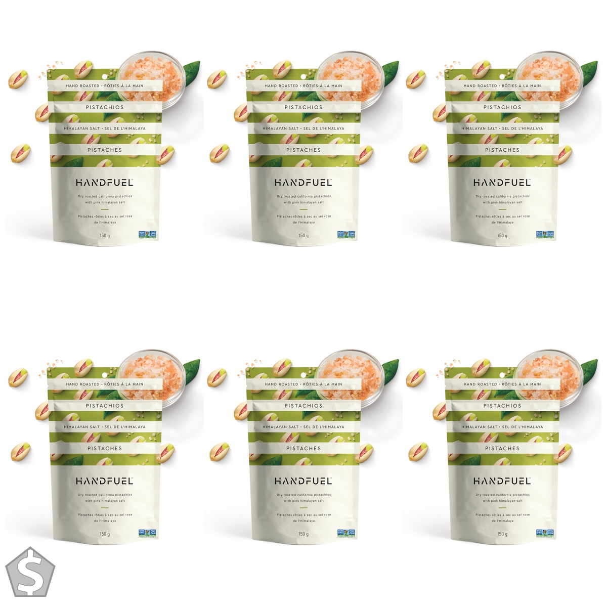 Handfuel Himalayan Salted Pistachios, Hand Roasted Shelled Pistachios, 9g of Protein, Proudly Canadian Made Plant Based Flavoured Nuts (Pack of 6)