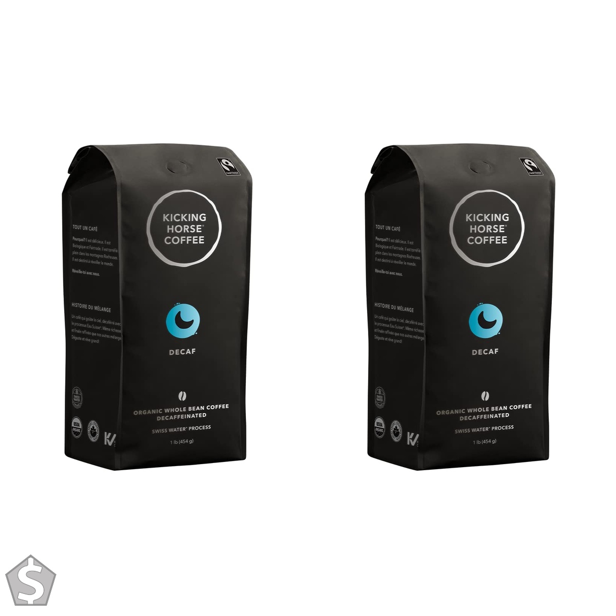 Kicking Horse Coffee Decaf, Swiss Water Process, Dark Roast, Whole Bean, 1 lb - Certified Organic, Fairtrade, Kosher 454 g (Pack of 2)