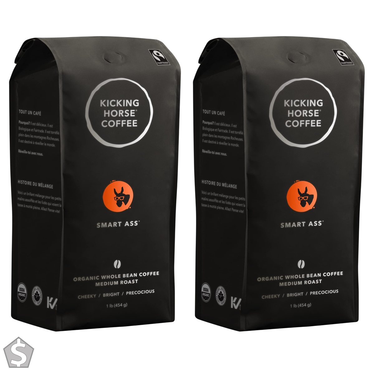 Kicking Horse Coffee Smart ass, Medium Roast, Whole Bean, 1 lb - Certified Organic, Fairtrade, Kosher 454 g (Pack of 2)