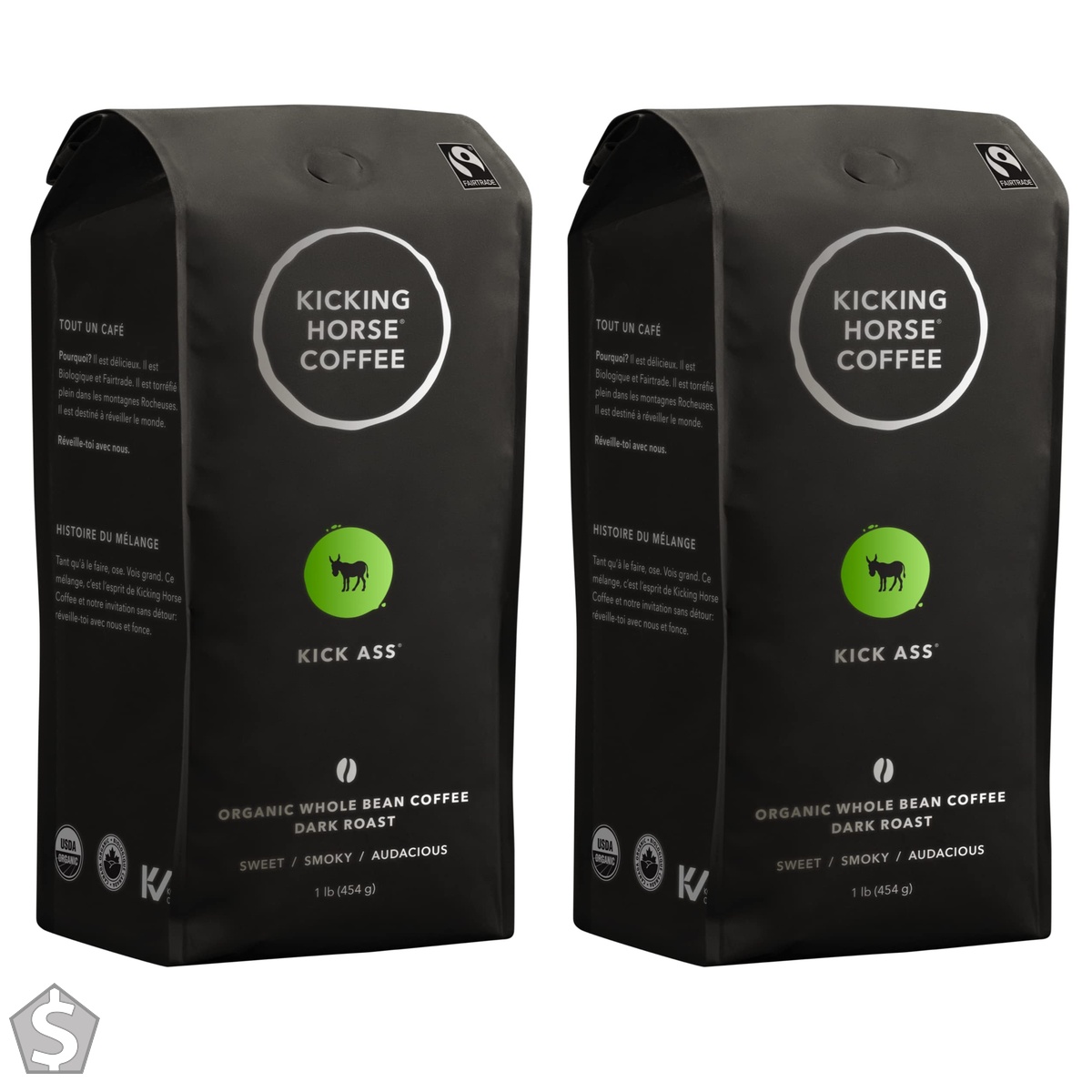 Kicking Horse Coffee KICK Ass, Dark Roast, Whole Bean, 1 lb - Certified Organic, Fairtrade, Kosher 454 g (Pack of 2)