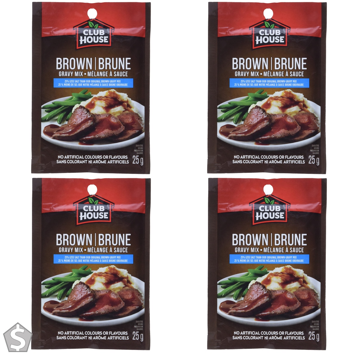 Club House, Dry Sauce/Seasoning/Marinade Mix, Brown Gravy, Less Salt, 25g, Case Pack 18 Count 25 g (Pack of 4)