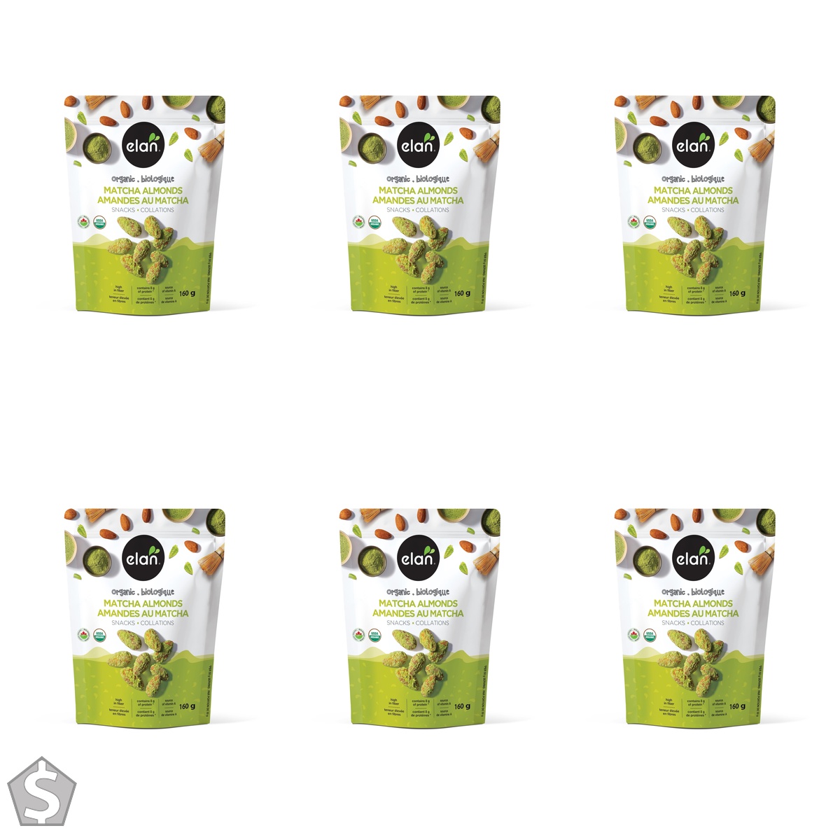 Elan Organic Matcha Almonds, 160g, Non-GMO, Gluten-Free, Vegan, Kosher, Superfood Infused Nuts (Roasted Almonds, Coconut, Matcha Green (Pack of 6)