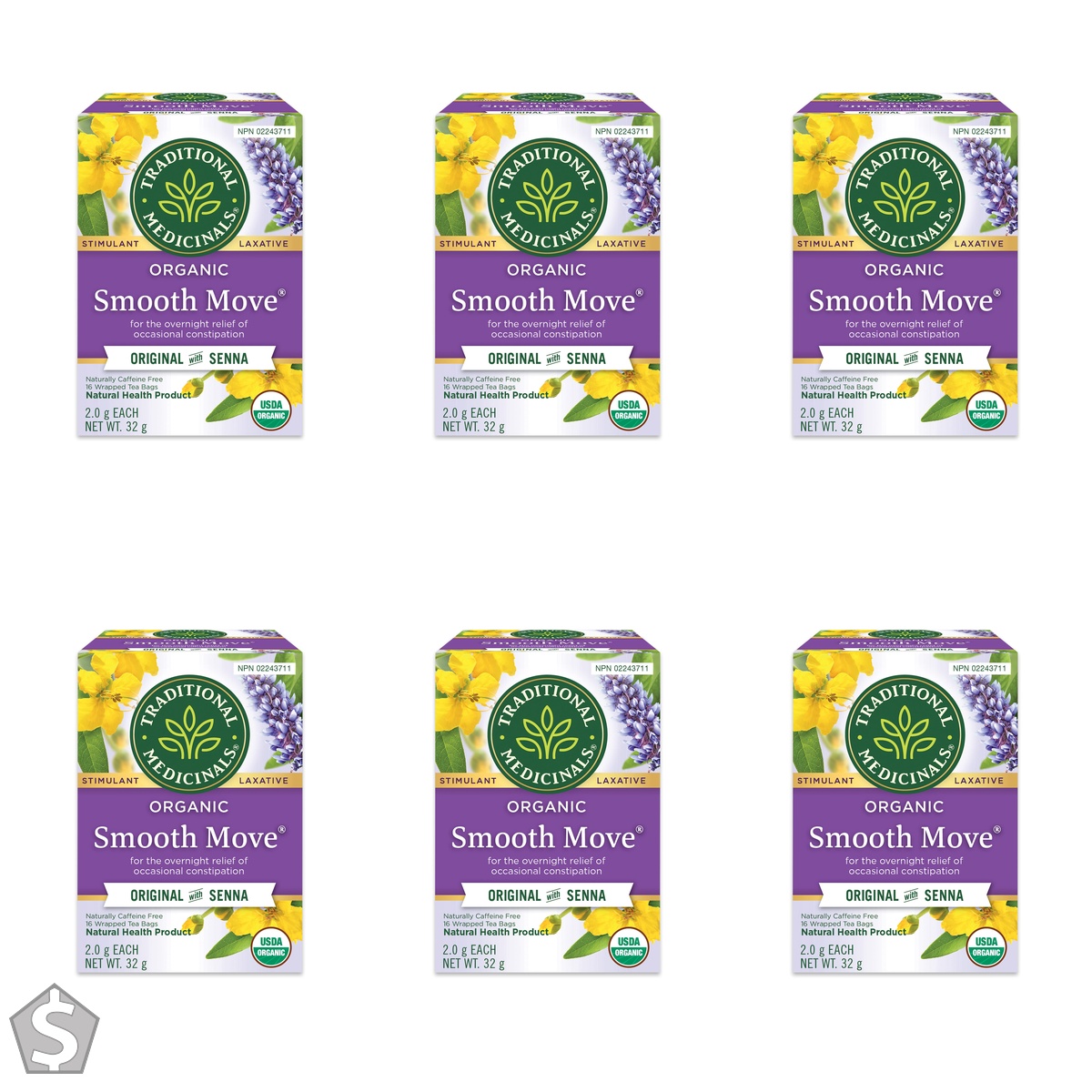 Traditional Medicinals - Organic Smooth Move Laxative Herbal Tea - Gentle Overnight Relief of Occasional Constipation - 16 Tea Bags Total (Pack of 6)