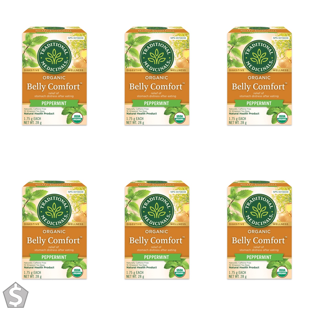 Traditional Medicinals - Organic Belly Comfort Peppermint Herbal Tea - Contains Ginger, Fennel and Lemon Balm for Digestive Support - 16 (Pack of 6)