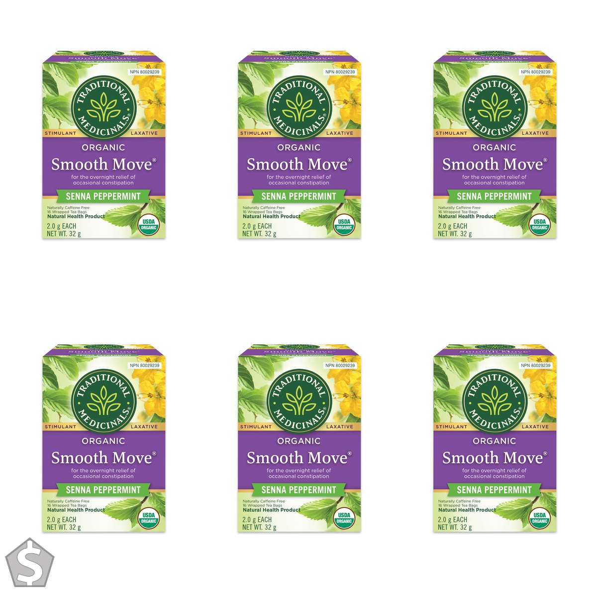 Traditional Medicinals - Organic Smooth Move Peppermint Laxative Herbal Tea - Gentle Overnight Relief of Occasional Constipation - 16 Tea (Pack of 6)