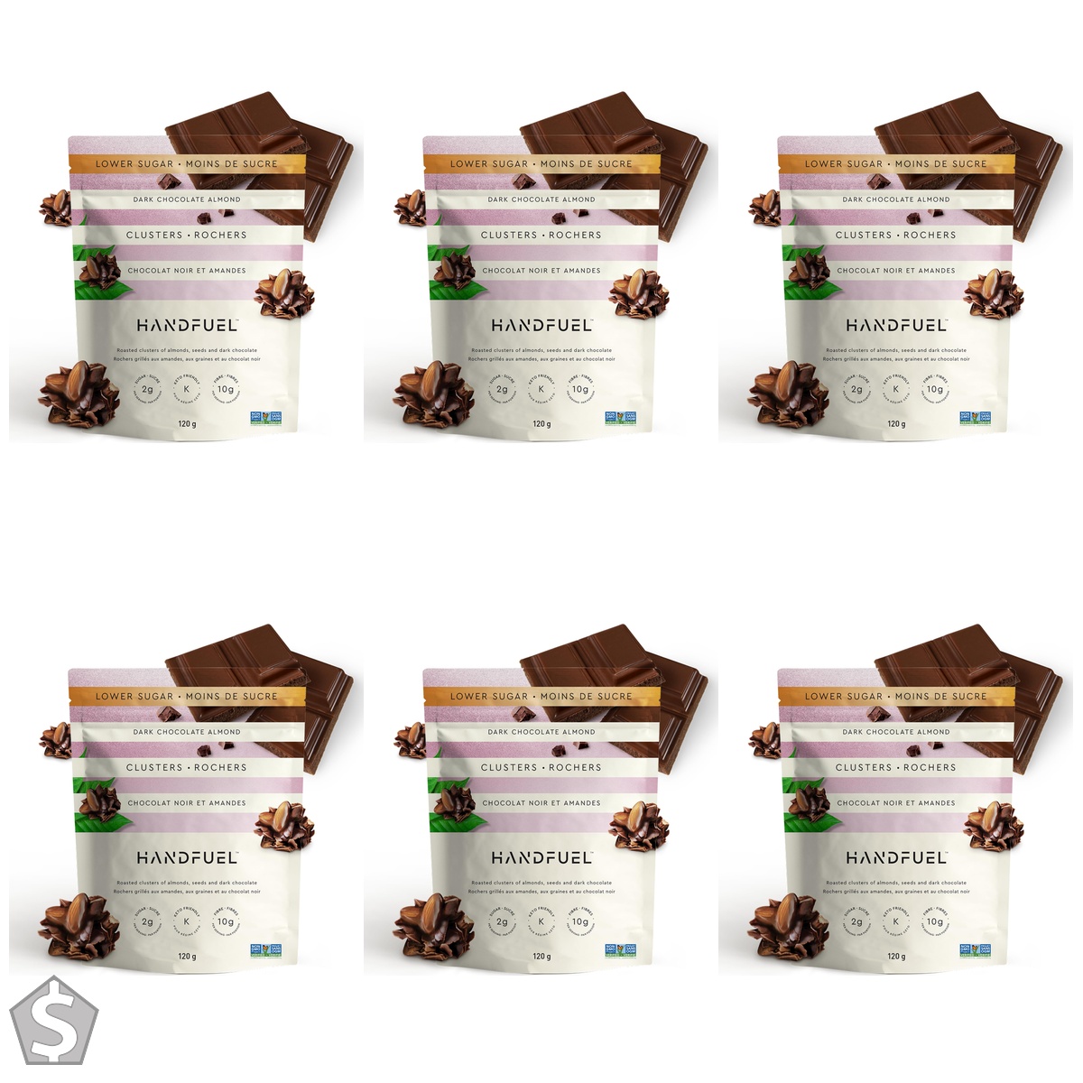 Handfuel Dark Chocolate Covered Almond Clusters, Hand Roasted Dark Chocolate Almonds, 3g of Protein, Keto Friendly Snacks, Proudly (Pack of 6)