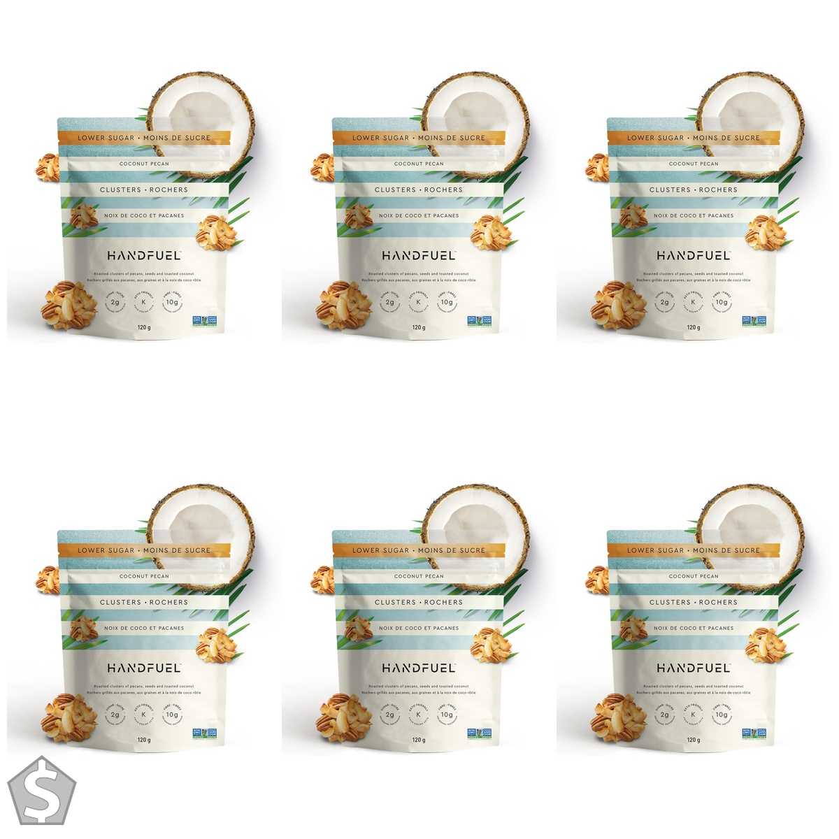 Handfuel Coconut Pecan Clusters, Hand Roasted Candied Pecans, 2g of Protein, Keto Friendly Snack, Proudly Canadian Made Plant Based (Pack of 6)