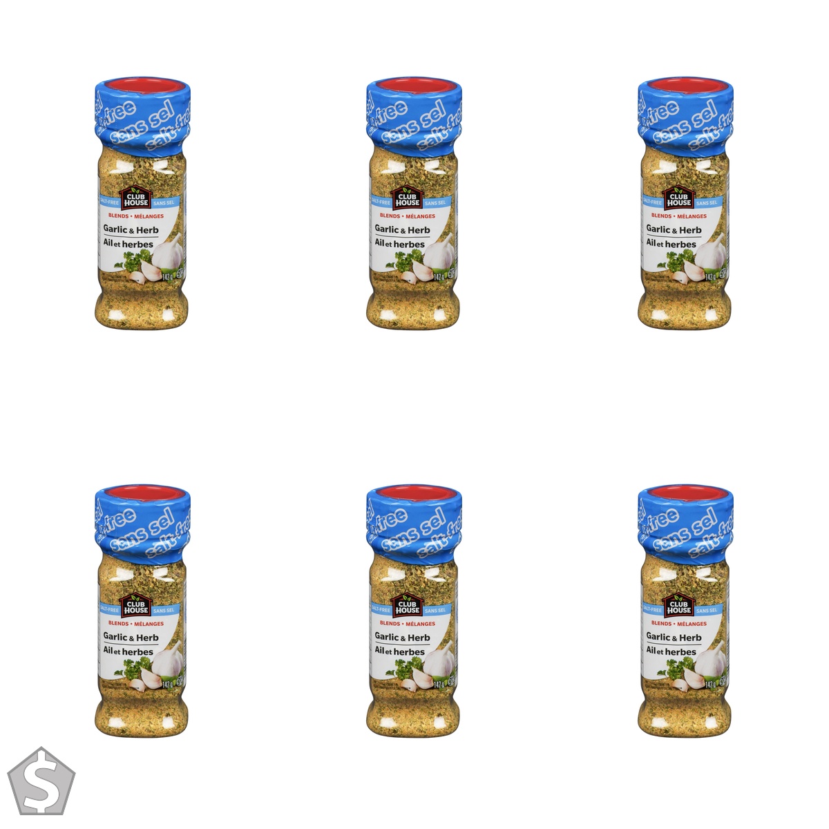 Club House, Quality Natural Herbs & Spices, One Step Seasoning, Garlic & Herb, Salt-Free, Gluten-Free, 142g (Pack of 6)