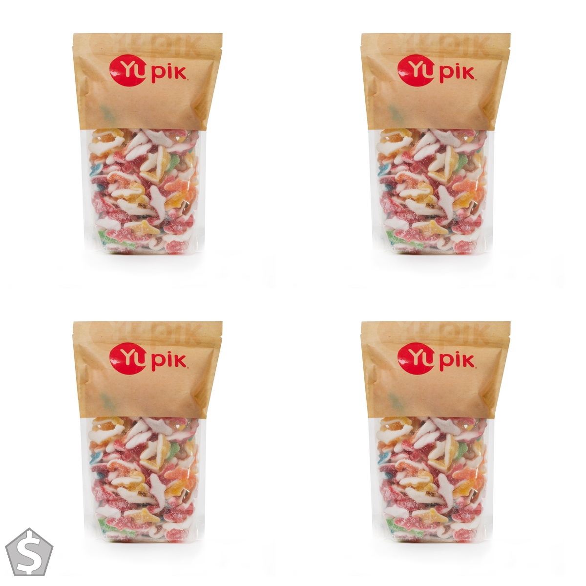 Yupik Assorted Sour Sharks Candy, 1 kg, Non-GMO, Colorful & Flavourful Gummies with Sour Sugar Coating Medium (Pack of 4)