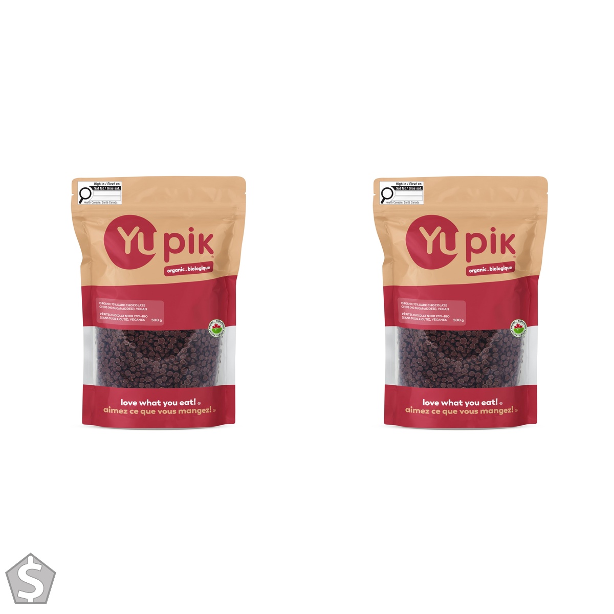 Yupik Organic Dark Chocolate Chips, 70% Cacao, 500 g, No Sugar Added, Gluten-Free, GMO-Free, Kosher, Vegan, Dairy-Free, Small Size, Rich (Pack of 2)