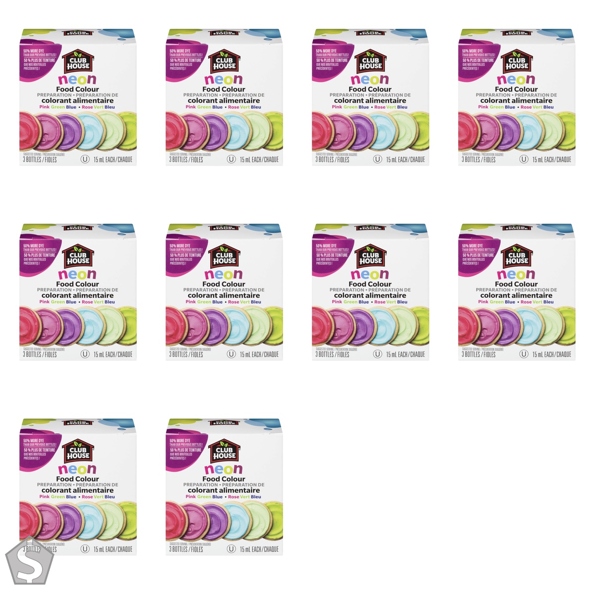 Club House (CLUC0) Neon Food Colour, Pink Green Blue, 3 Vials x 15mL (Pack of 10)