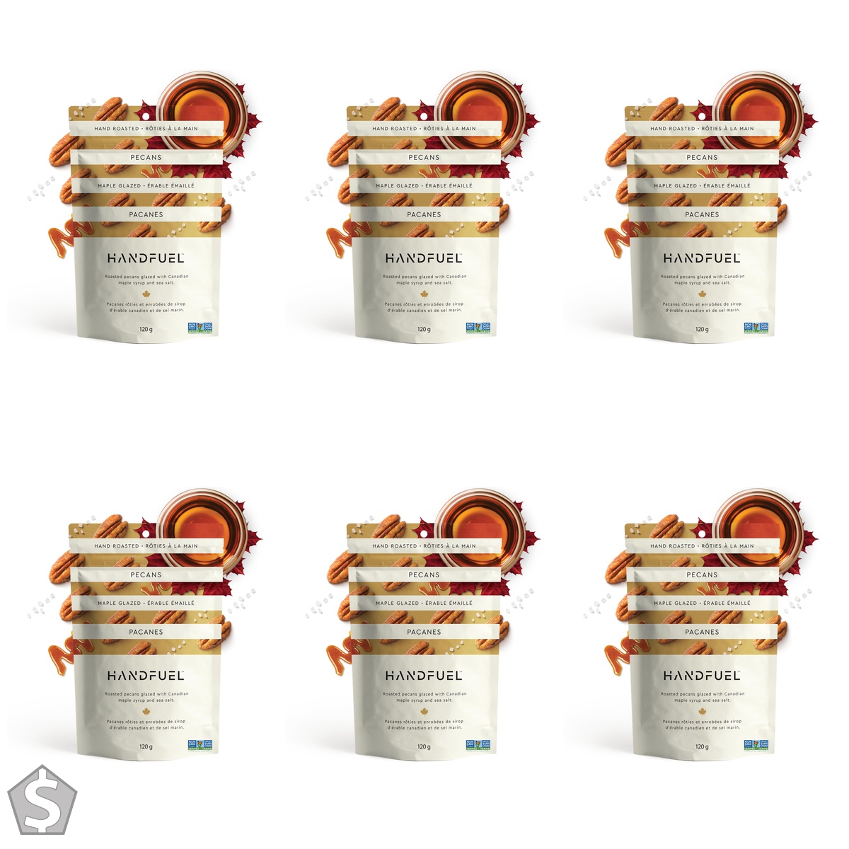 Handfuel Maple Glazed Candied Pecans, Hand Roasted Praline Pecans, 3g of Protein, Proudly Canadian Made Plant Based Candied Nuts, Gluten (Pack of 6)