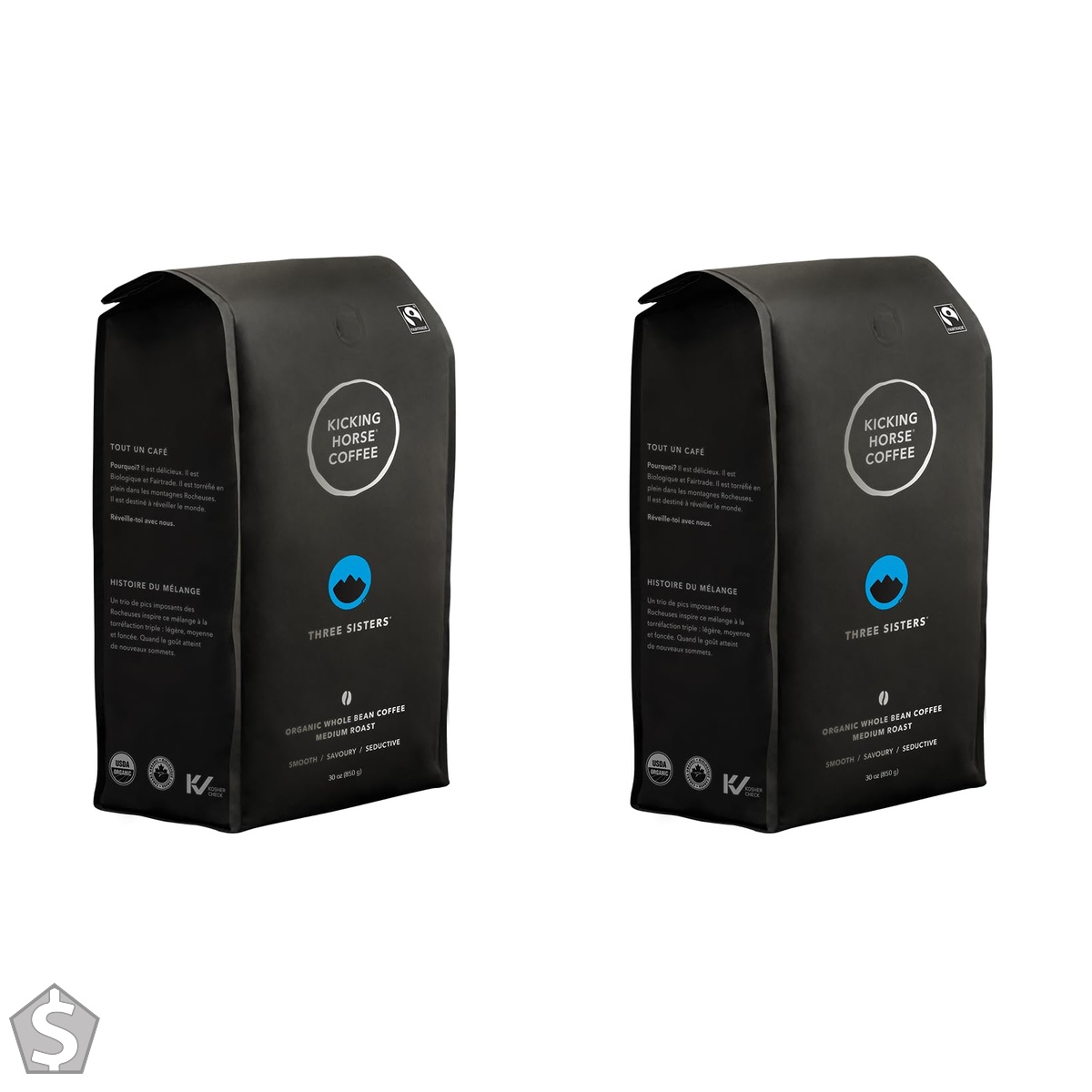 Kicking Horse Coffee - Three Sisters Blend,Whole Bean 100% Arabica Coffee | Medium Roast | All Organic & Fairtrade | 850 g (Pack of 2)